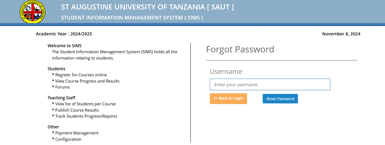 Login to Sims Saut for Course Registration